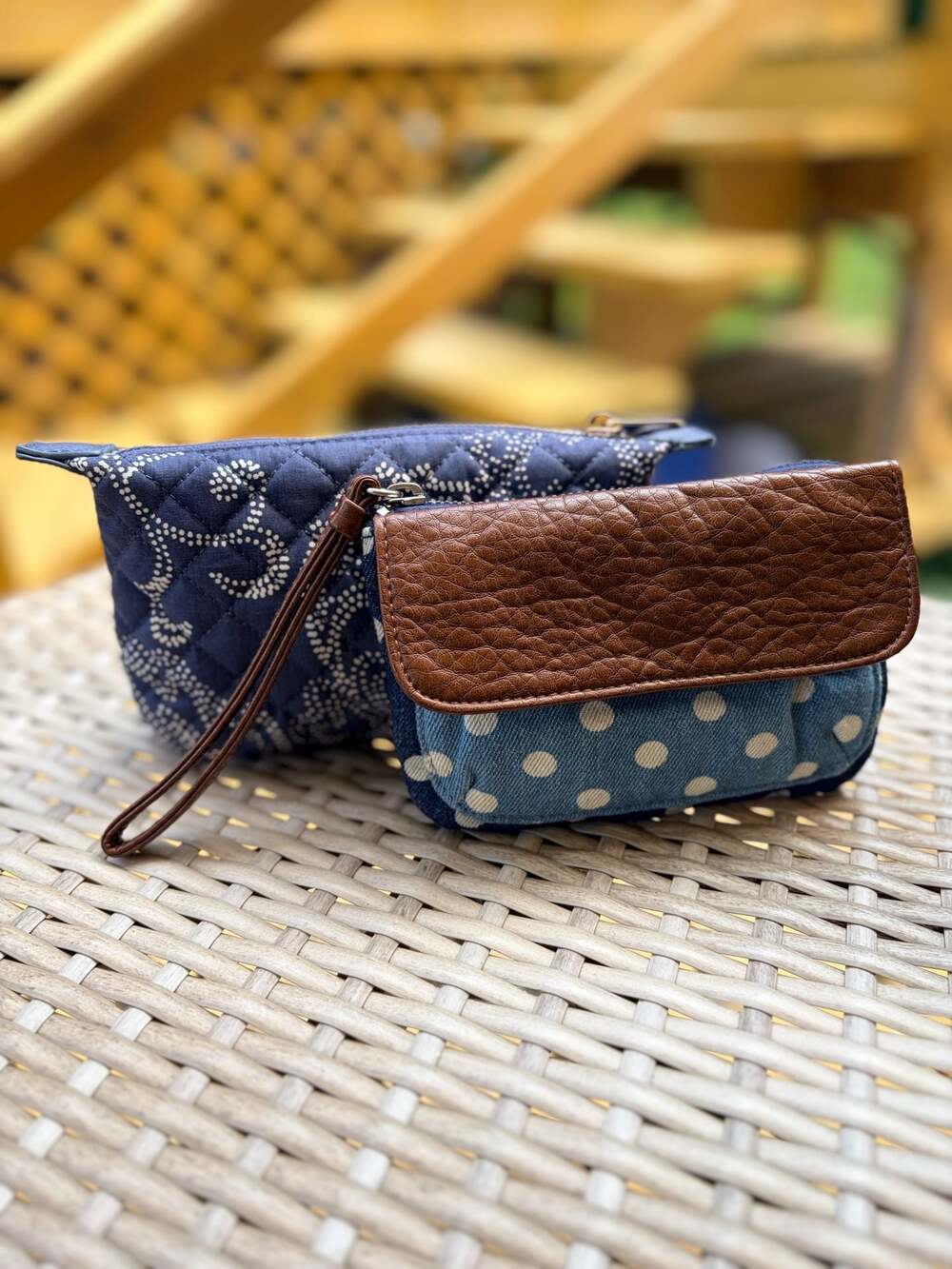 Navy printed makeup case and Polka Dot Denim Wristlet
